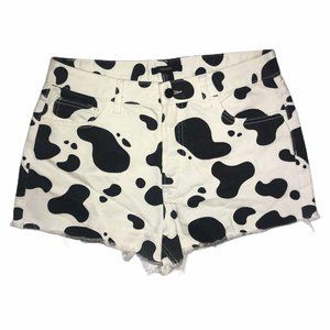 Cow Print Distressed Denim Shorts